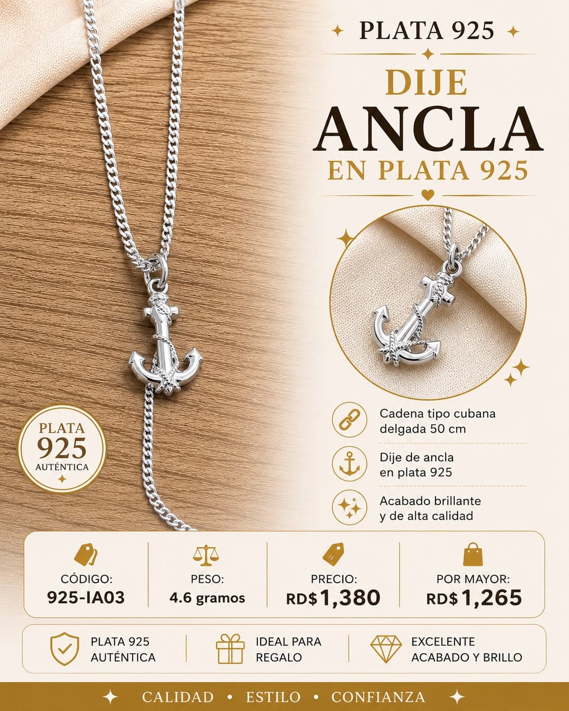 Cadena Cubana con Dige de Ancla