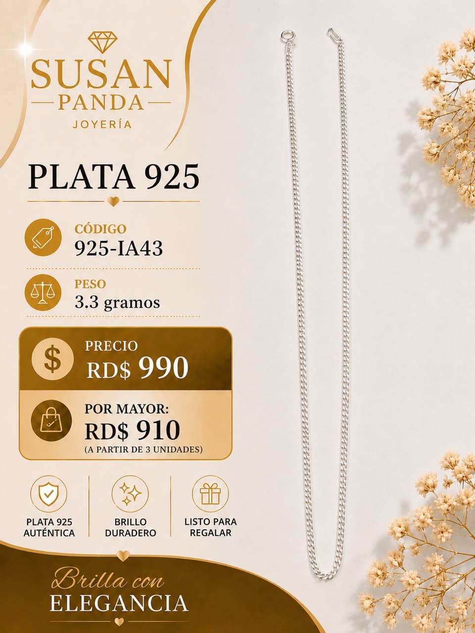 Cadena de Plata Cubana Fina 3.3