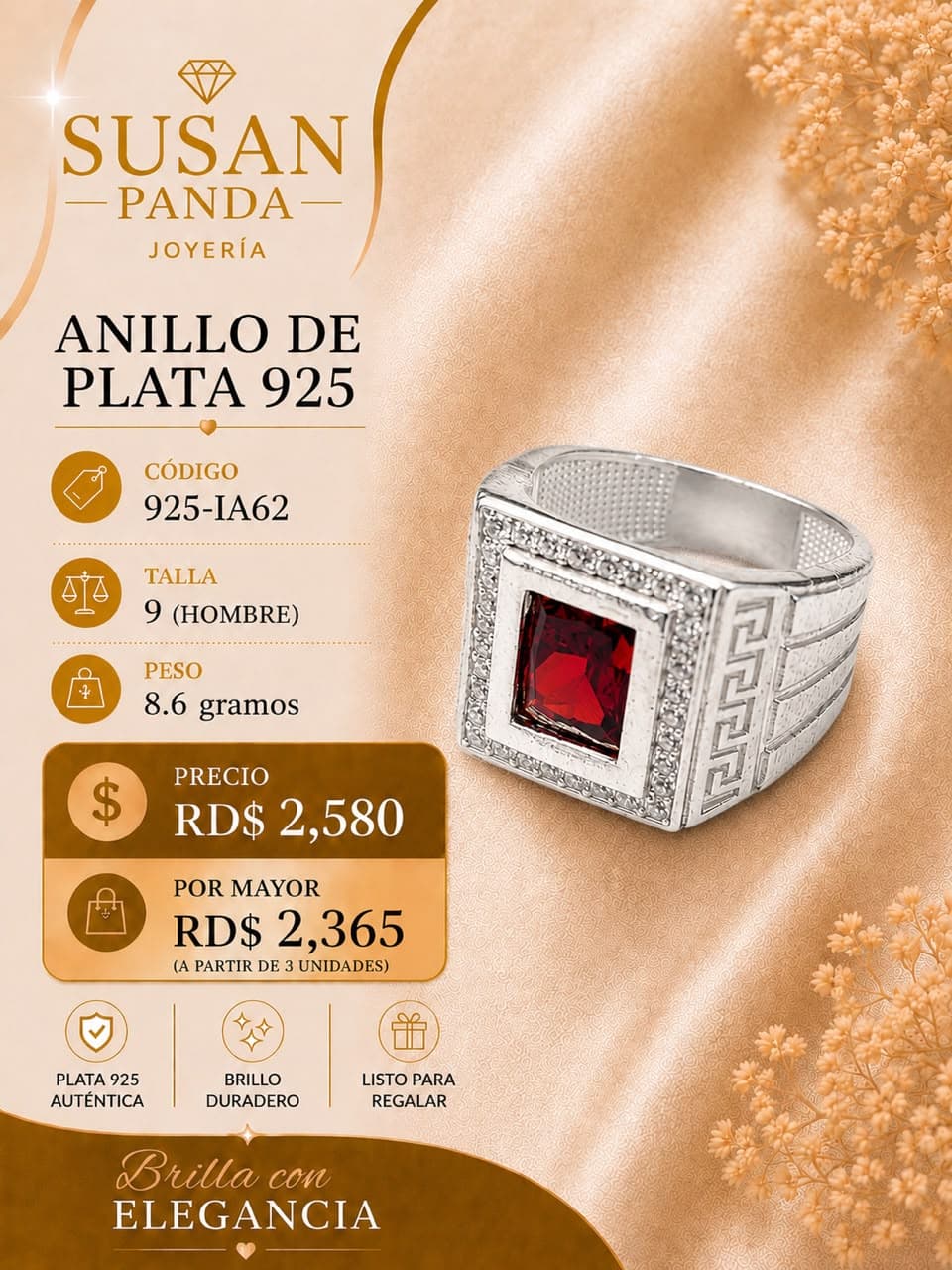 Anillo de Plata con Diamante Rojo 8.6