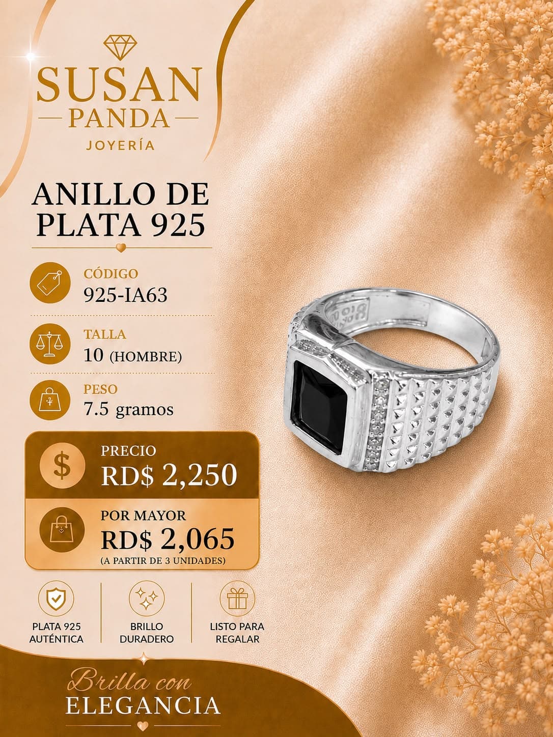 Anillo de Plata Diamante Negro 7.5