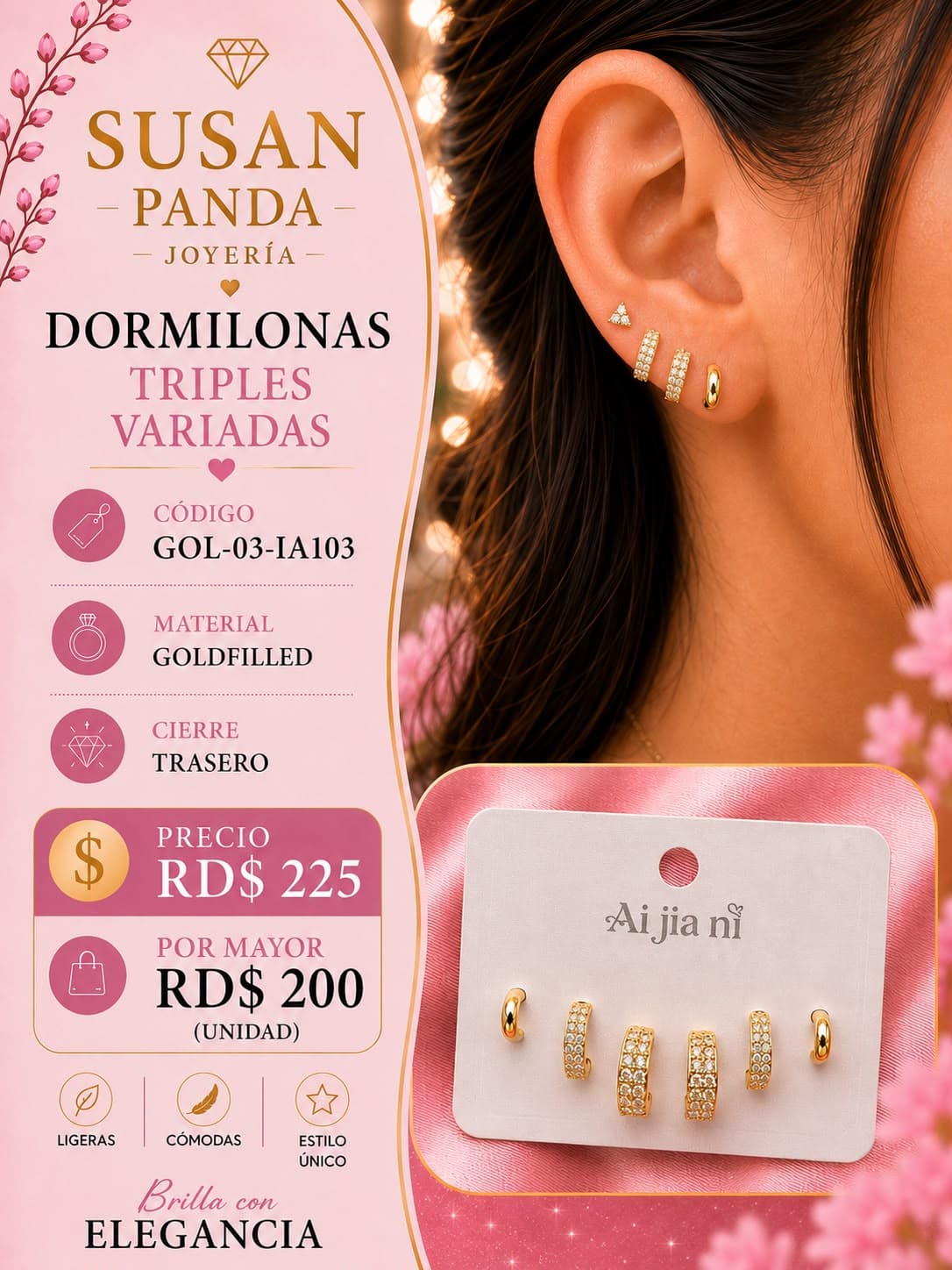 Aquete de Arete de Tres Pc Goldfiller